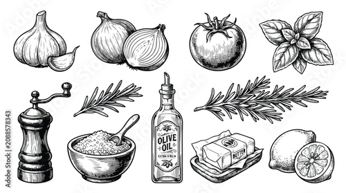 Vintage hand drawn cooking ingredients set, 10 vector sketches of kitchen spices and vegetables, rustic woodcut style food illustrations