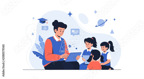 Teacher guiding students with digital tablet and holographic display, symbolizing modern education and technology.