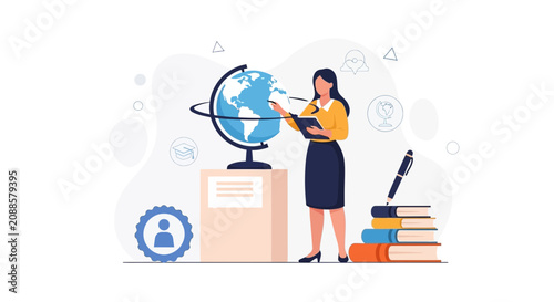 Teacher with Globe and Books, Education and Learning Concept Illustration