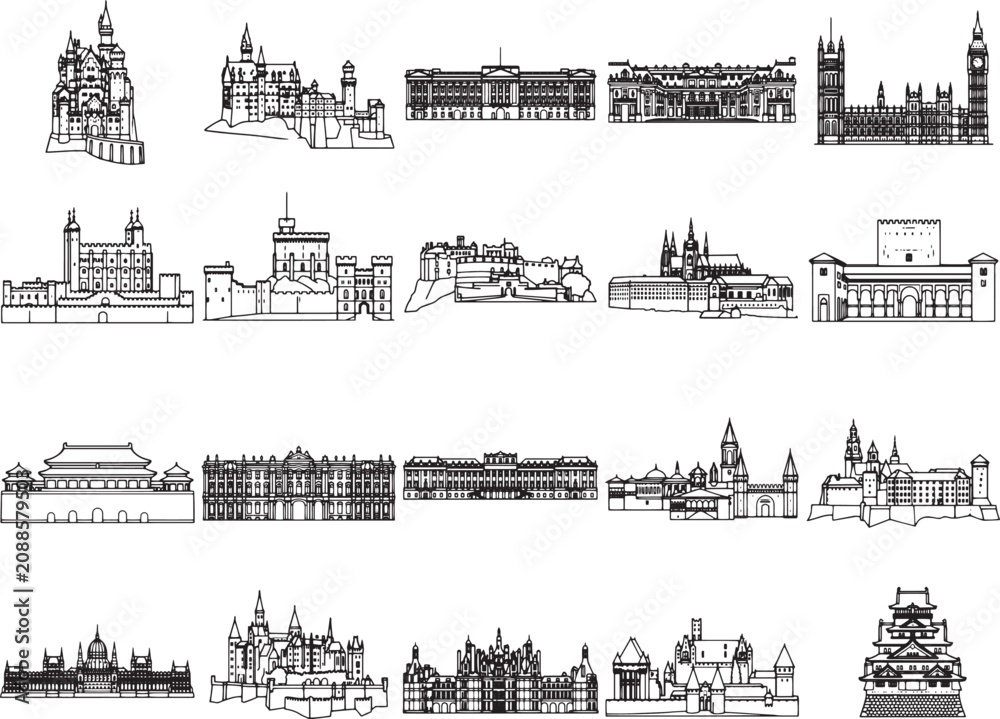 Fototapeta premium A collection of architectural line drawings featuring famous historical buildings and landmarks from around the world, presented in a clean, graphic style.