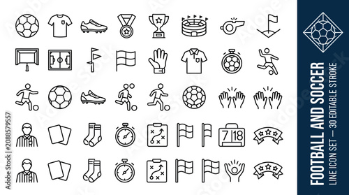 Photos 36 football and soccer line icons with editable stroke for sports, competition, and athletic design projects