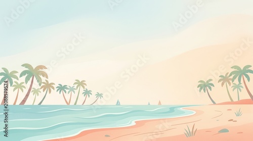 Tropical beach with palm trees and sailboats under soft pastel sky