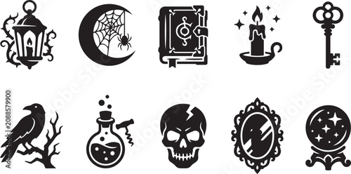 Bild auf Leinwand Mystic witchcraft silhouette icon set with skull