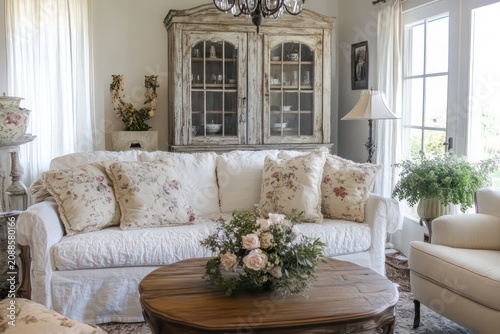 A French Country living room highlighting soft, warm colors, natural materials, and elegant decor. 