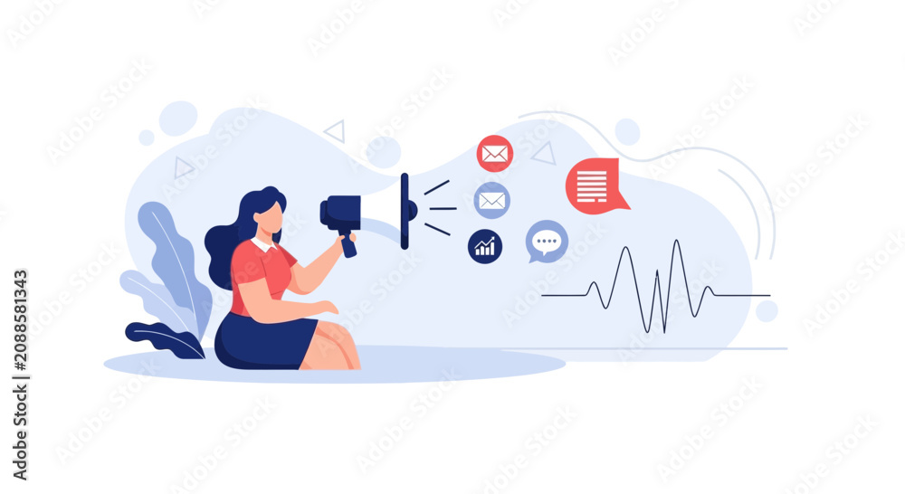 Obraz premium Woman with megaphone announcing messages and data with wave graph in flat design style