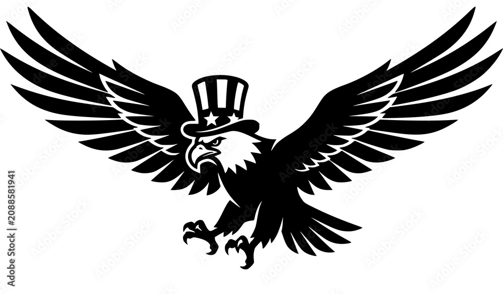 Fototapeta premium Patriotic bald eagle wearing top hat with spread wings isolated black silhouette vintage vector illustration