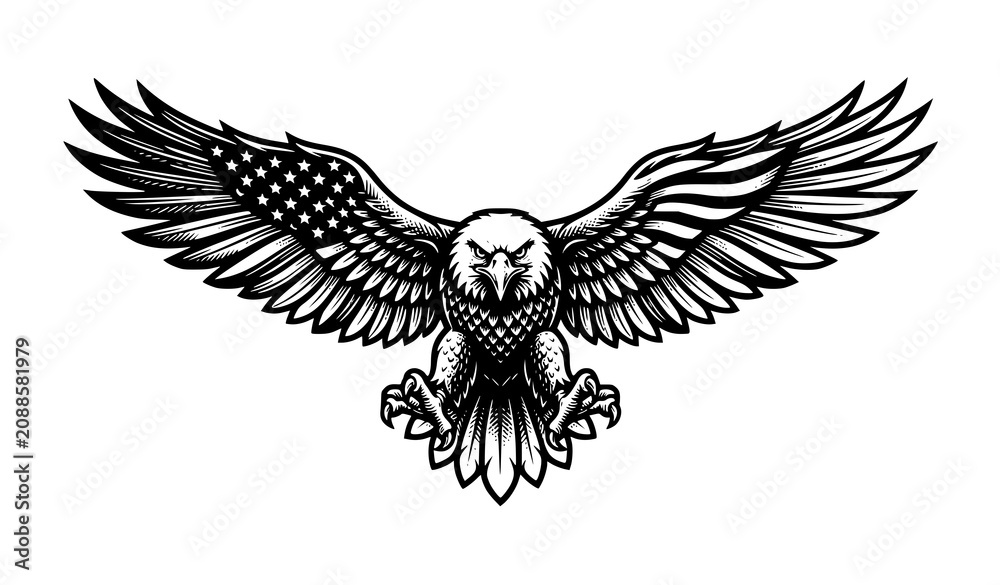 Fototapeta premium Detailed flying owl with fully extended wings black line art wildlife tattoo style vector illustration