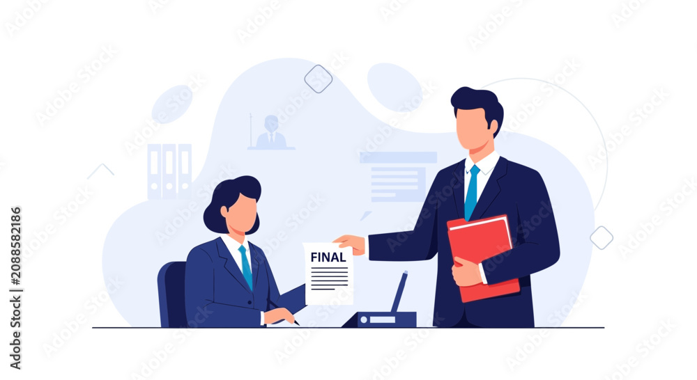 Fototapeta premium Business meeting: man giving final document to woman, teamwork, professional illustration