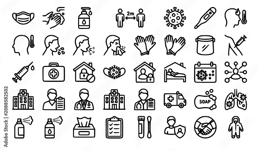 Fototapeta premium Coronavirus Protection Line Icon Set with Editable Stroke Medical Safety Prevention Symptoms and Healthcare Vector Collection