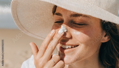 A woman wearing a wide-brimmed hat applies sunscreen to her nose, smiling with eyes closed on a sunny beach.