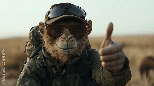 Monkey with backpack giving thumbs up