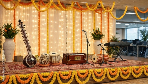 Festive Stage with Traditional Instruments and Microphones