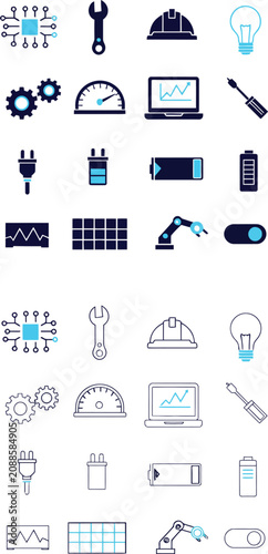 Industrial engineering and automation icons vector set with robotic arm solar panels gears microchip and factory tools symbols