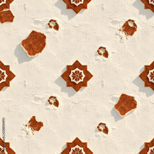Chipped paint on limewashed stucco with terracotta accent pattern