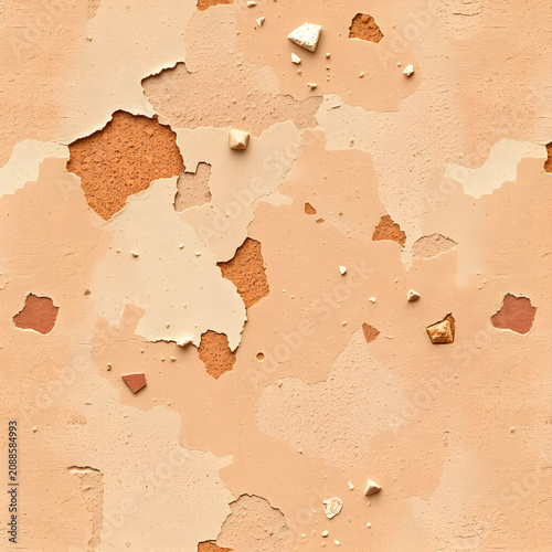 Weathered courtyard stucco texture with peeling limewash and mosaic fragments