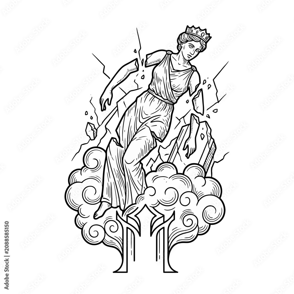 Fototapeta premium Floating goddess above clouds and geometric portal