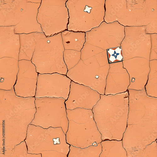 Seamless cracked stucco with embedded handmade mosaic tiles