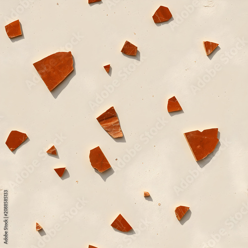 Sun-bleached stucco with glossy terracotta tile shards and scattered surface pits