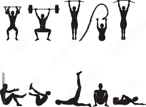 Crossfit Fitness Silhouettes Set with Weightlifting Barbell Squat Pull Up Battle Ropes Leg Raise and Abdominal Crunches Athlete Gym Workout Exercise Vector Elements