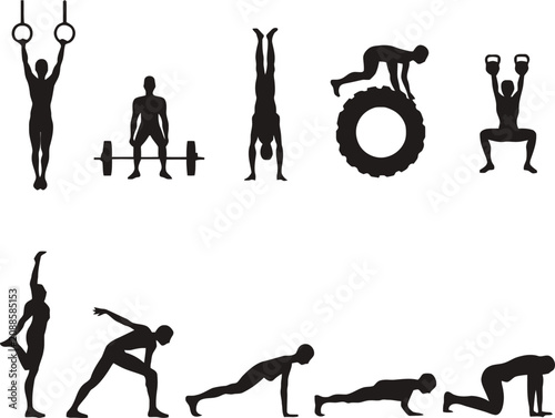 Fitness silhouettes set with cross training athletes weightlifting bodybuilding gymnastics rings kettlebell and bodyweight workout icons