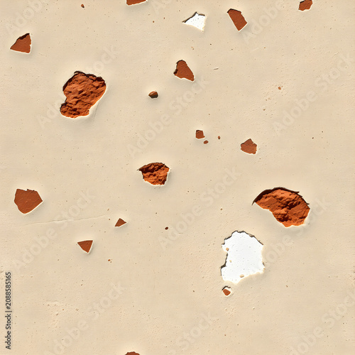 Sun-baked stucco with terracotta inlay bits and subtle efflorescence in surface crevices