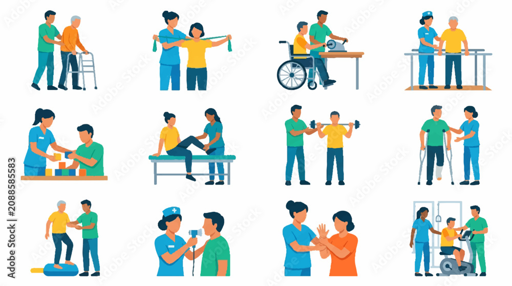 Fototapeta premium Healthcare workers assisting elderly patients in halftone dot style