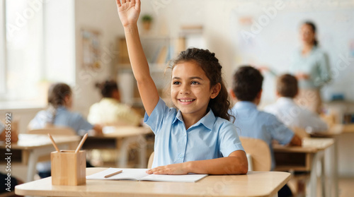 Young girl raising hand while smiling in classroom during lesson  
