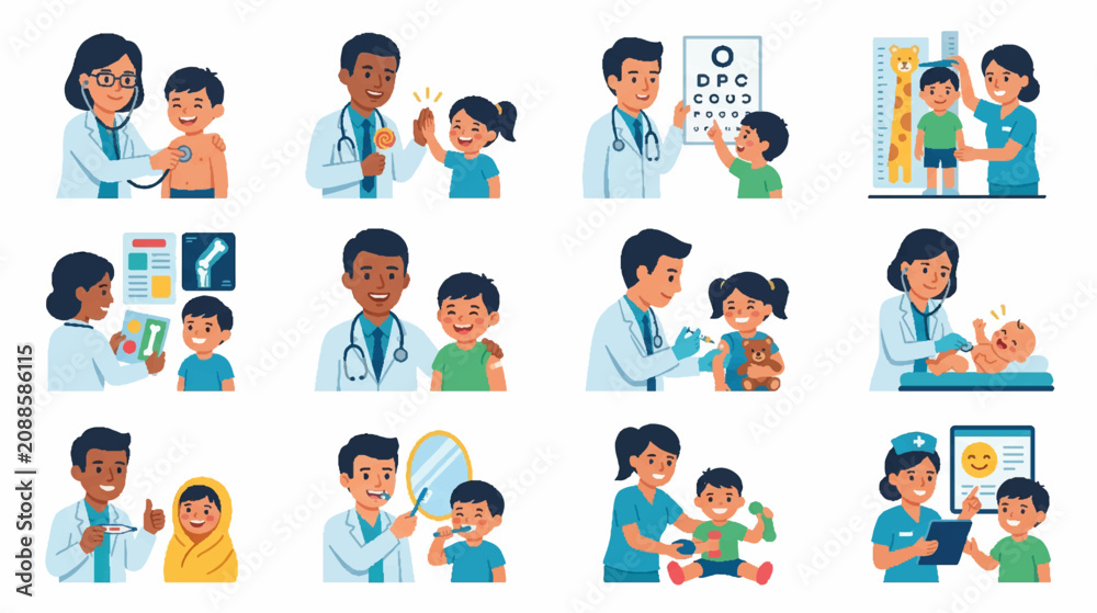 Fototapeta premium Pediatrician and mother during child medical checkup halftone scenes