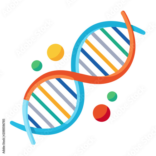 Dna Strand Illustration with Colorful Genetic Elements on White Background Featuring Genetics, Biology, Science with Research