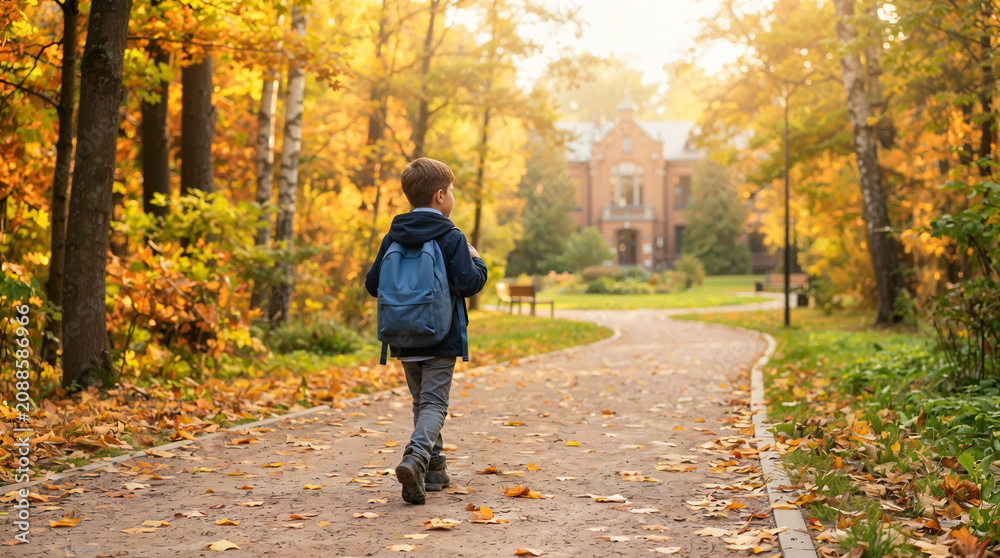 Fototapeta premium Young boy walking on pathway in autumn forest with backpack 