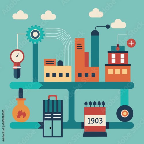 Industrial Revolution Timeline with Factories, Gears, and Machinery Featuring Buildings, Pipes, Smoke with Chimney and Clock