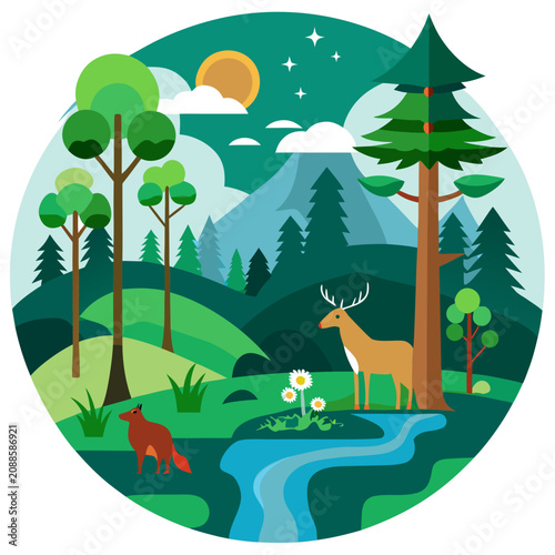 Forest Ecosystem with Deer, Fox, and Trees Under a Moonlit Sky Featuring Nature, Wildlife, Moon with Mountains and Landscape
