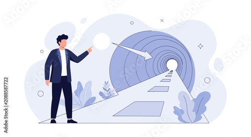 Businessman points towards bright tunnel entrance, symbolizing future, opportunity, and success. Modern flat vector illustration.