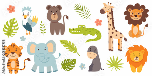 Canvas Print Safari Animals And Tropical Leaves Vector Illustration With Floral Elements