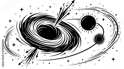 Abstract Black Hole Swirling Galaxy Nebula with Orbiting Planets and Stars