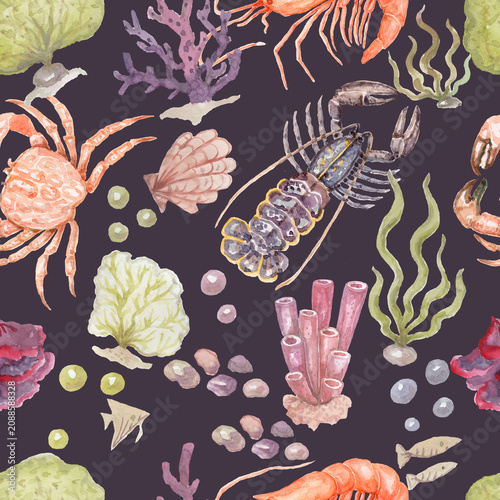 Photography Watercolor seafood set with crab, shrimp and lobster