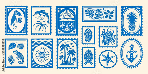 Bild auf Leinwand Vintage postage stamp illustrations featuring tropical wildlife and marine life