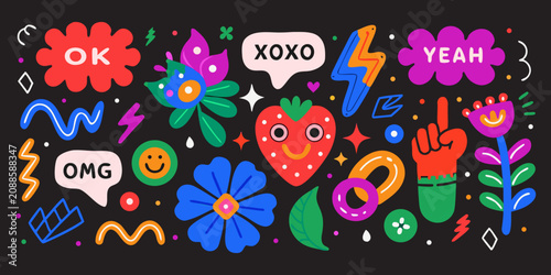 Colorful Gen Z Style Doodle Stickers Collection Vector Illustration