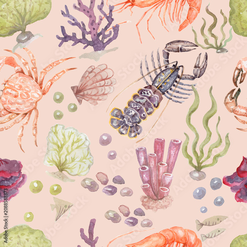 Photography Watercolor seafood set with crab, shrimp and lobster