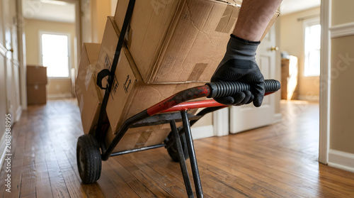 Moving boxes on a hand truck in hallway | Professional movers transporting cardboard boxes | House relocation service with heavy lifting equipment | Close up of hand dolly with moving boxes