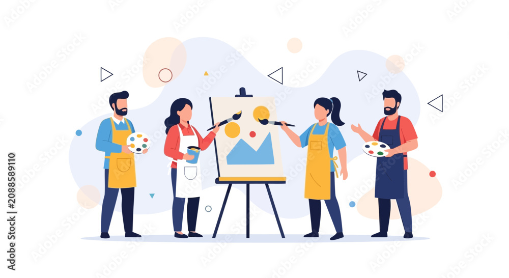 Fototapeta premium Diverse group of artists painting together in a modern art class or workshop, creating colorful abstract art.
