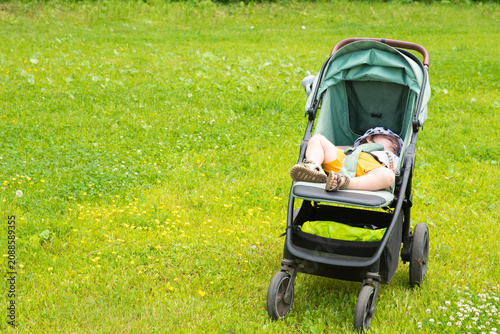  Small toddler boy sleeping inside stroller on green grass outdoors