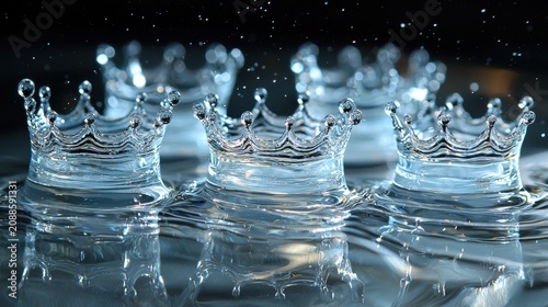 Water impact crown formations multiple droplets splash sequence pristine clarity glass surface artistic composition studio lighting professional photography