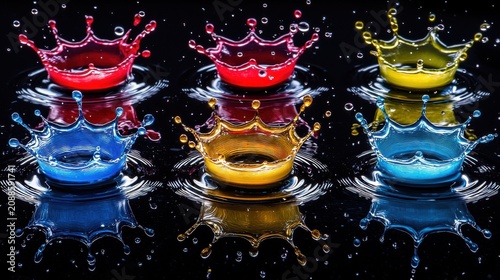 Liquid crown impact multiple colored drops simultaneous splash formations reflective black surface vibrant red yellow blue circular patterns high-speed capture