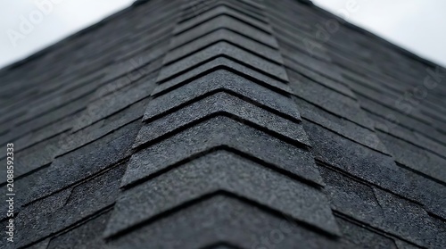 Obraz na płótnie A close-up view of the ridge cap shingles on a residential house featuring textured dark grey asphalt roof materials installed with precision roofing techniques