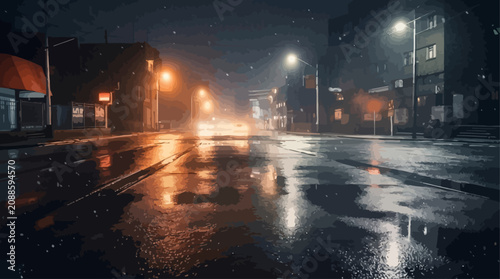 Fotografija Woman runs quickly down a wet city street at nighttime