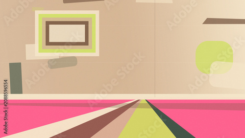 Abstract illustration of a computer setup with colorful lines, neon green and pink shapes, and geometric perspective, creating a modern, playful tech mood with space.