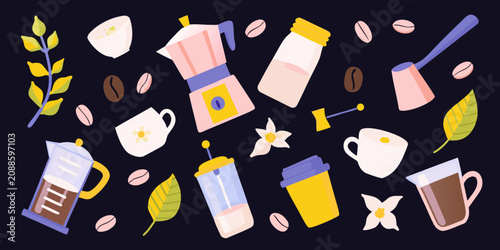 Photography Coffee themed vector illustration with coffee beans pots and cups