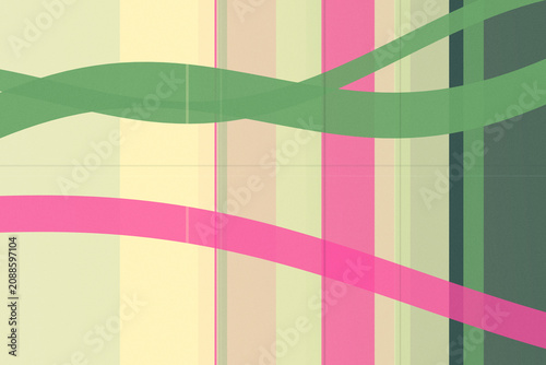 Obraz na plátne Abstract geometric design with layered green and pink ribbon-like bands over a soft grid, creating a modern upbeat mood for branding and web backgrounds