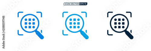 Magnifying glass icon set for data analysis and search optimization concepts.